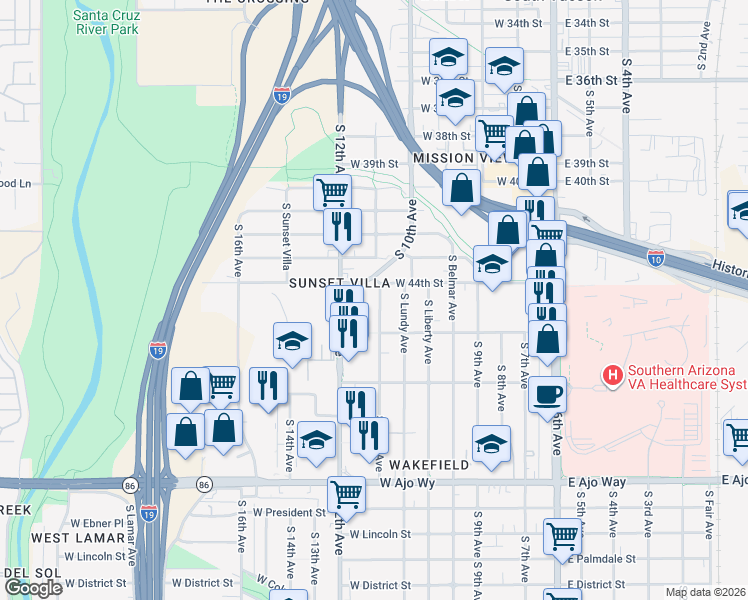 map of restaurants, bars, coffee shops, grocery stores, and more near 3448 South Clark Avenue in Tucson