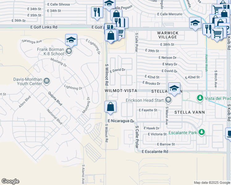 map of restaurants, bars, coffee shops, grocery stores, and more near 3225 South Wilmot Road in Tucson