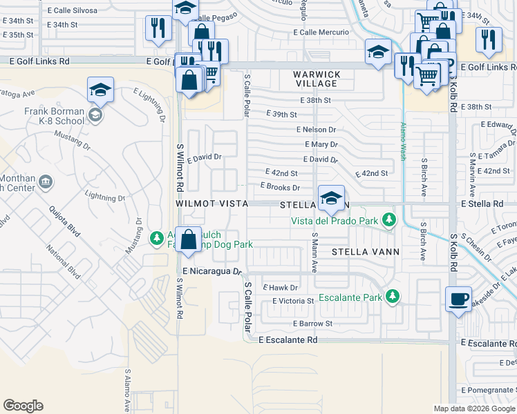 map of restaurants, bars, coffee shops, grocery stores, and more near 6512 East Stella Road in Tucson