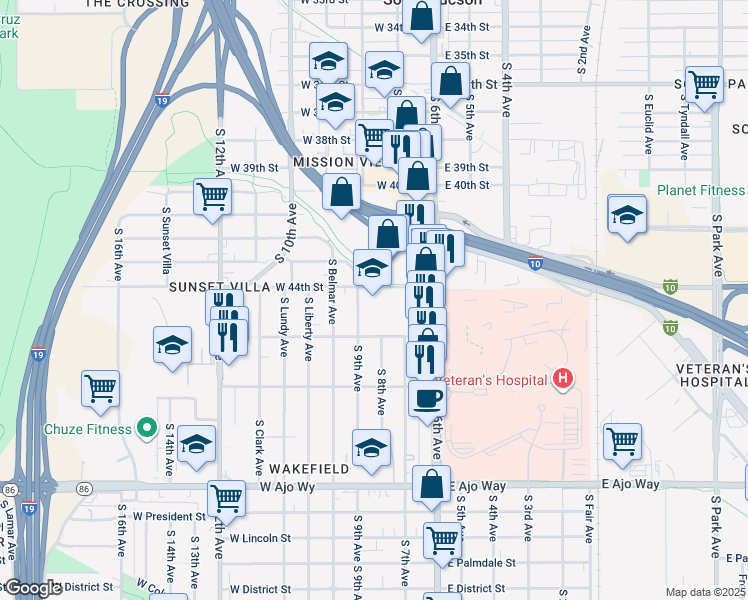 map of restaurants, bars, coffee shops, grocery stores, and more near 101 West 44th Street in Tucson