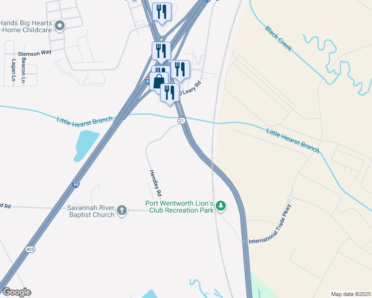 map of restaurants, bars, coffee shops, grocery stores, and more near 6811 Highway 21 in Savannah