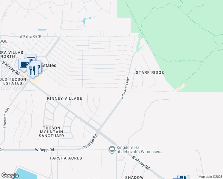 map of restaurants, bars, coffee shops, grocery stores, and more near 5441 West Lazy Heart Street in Tucson
