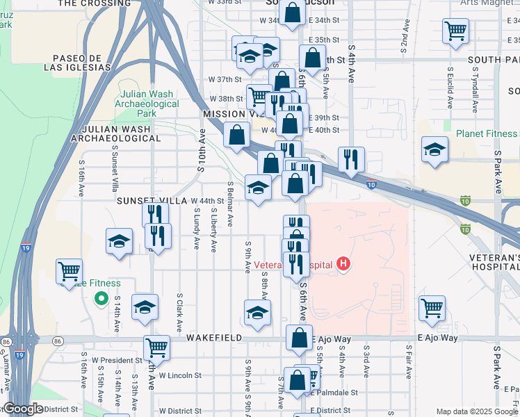map of restaurants, bars, coffee shops, grocery stores, and more near 101 West 44th Street in Tucson