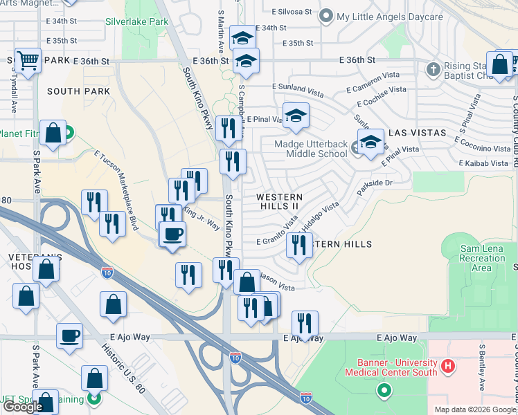 map of restaurants, bars, coffee shops, grocery stores, and more near 1909 East Fayette Vista in Tucson