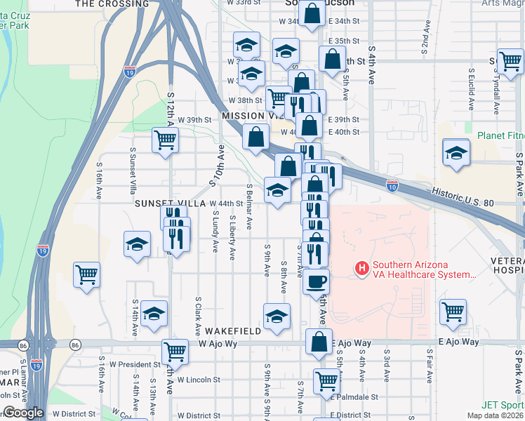 map of restaurants, bars, coffee shops, grocery stores, and more near 3408 South 9th Avenue in Tucson