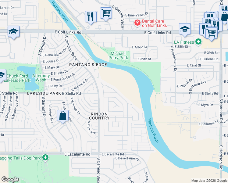 map of restaurants, bars, coffee shops, grocery stores, and more near 3411 South Camino Seco in Tucson