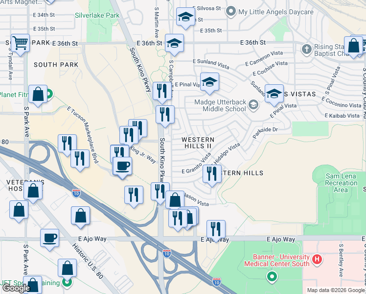map of restaurants, bars, coffee shops, grocery stores, and more near 1909 East Fayette Vista in Tucson