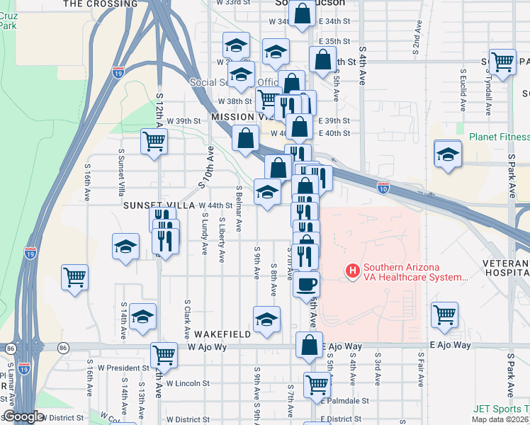 map of restaurants, bars, coffee shops, grocery stores, and more near 3415 South 9th Avenue in Tucson