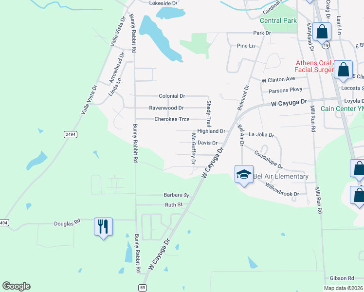 map of restaurants, bars, coffee shops, grocery stores, and more near 505 Pine Oak Drive in Athens