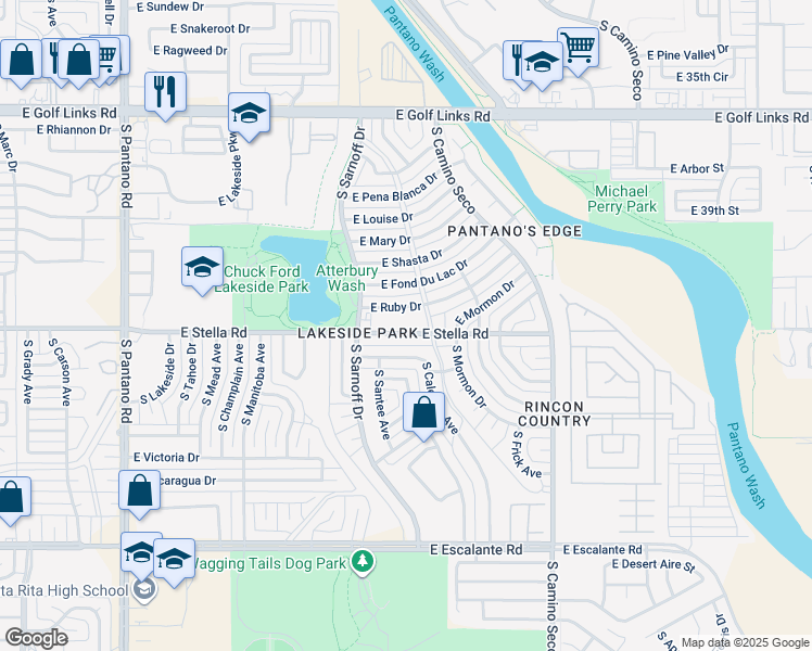 map of restaurants, bars, coffee shops, grocery stores, and more near 8401 East Stella Road in Tucson