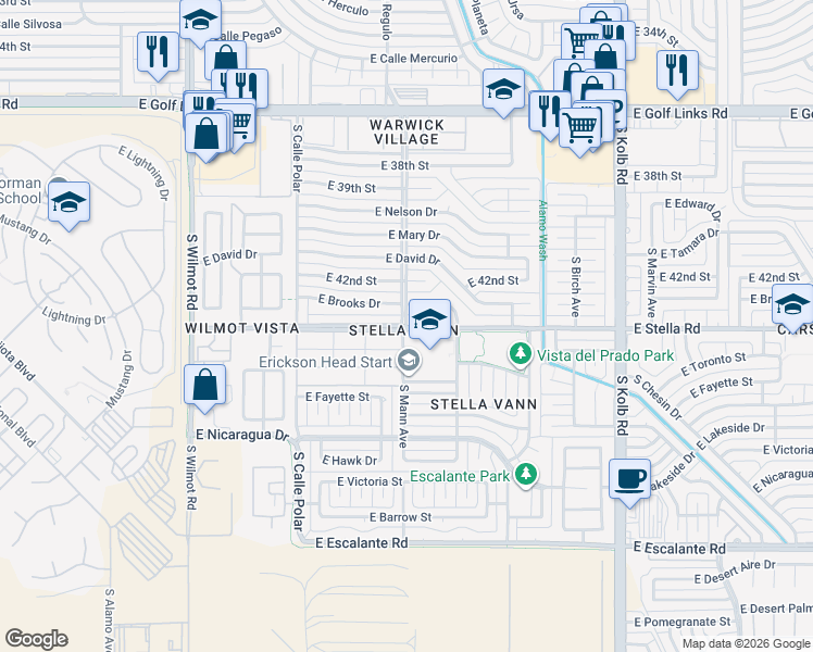 map of restaurants, bars, coffee shops, grocery stores, and more near E Stella Rd & S Mann Ave in Tucson