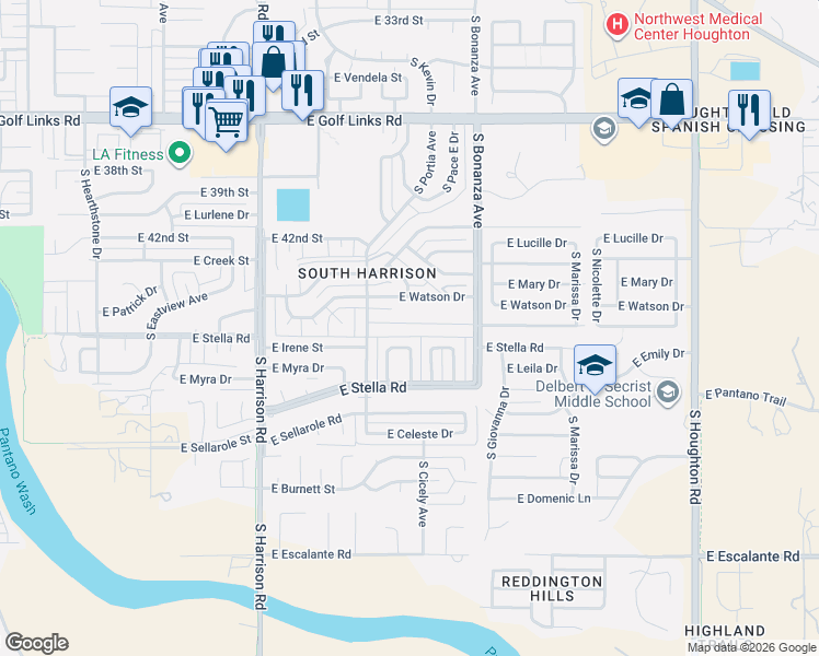 map of restaurants, bars, coffee shops, grocery stores, and more near 9762 East Watson Drive in Tucson