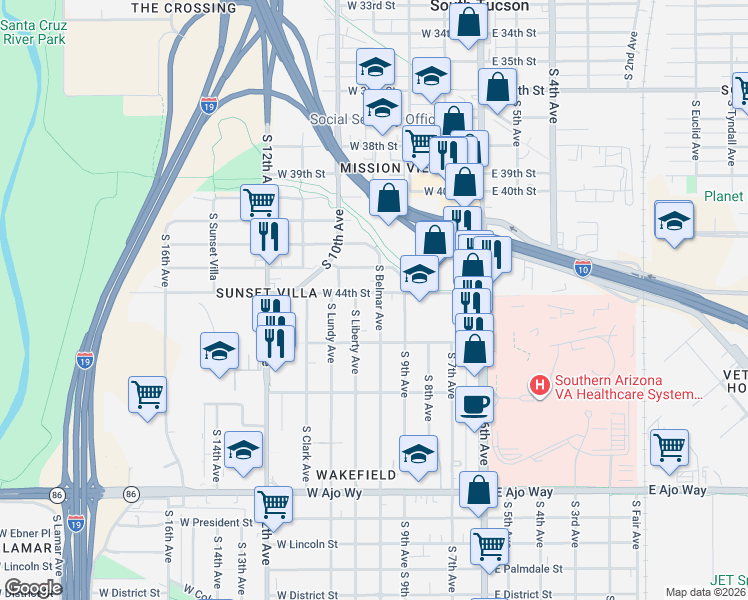 map of restaurants, bars, coffee shops, grocery stores, and more near 3310 South Belmar Avenue in Tucson