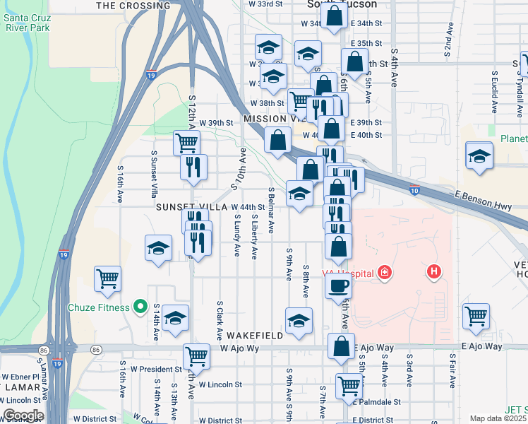 map of restaurants, bars, coffee shops, grocery stores, and more near 3310 South Belmar Avenue in Tucson