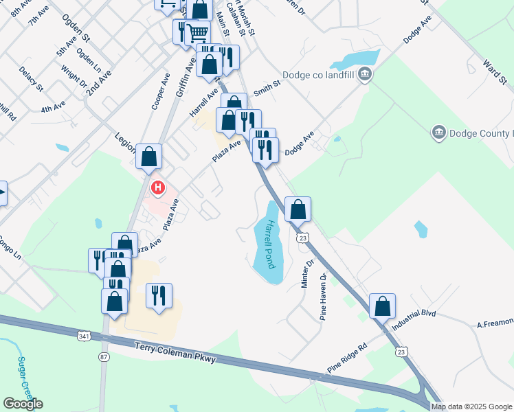 map of restaurants, bars, coffee shops, grocery stores, and more near Freamon Graham Boulevard in Eastman