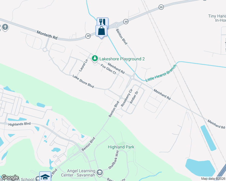 map of restaurants, bars, coffee shops, grocery stores, and more near 97 Lake Shore Boulevard in Savannah