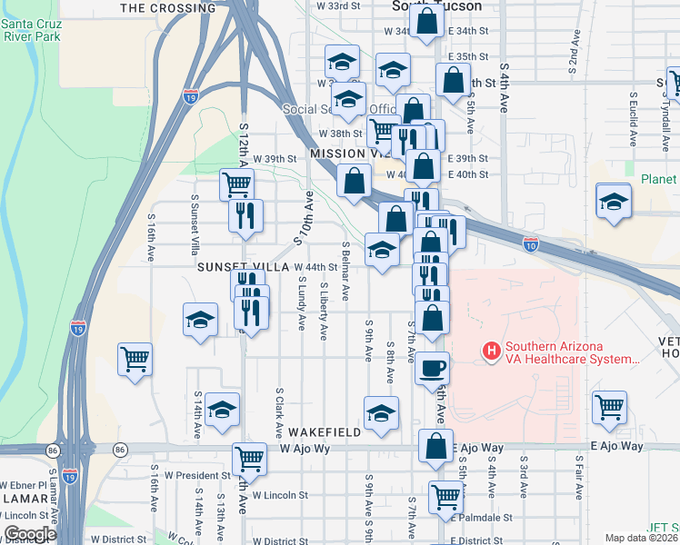 map of restaurants, bars, coffee shops, grocery stores, and more near 3310 South Belmar Avenue in Tucson