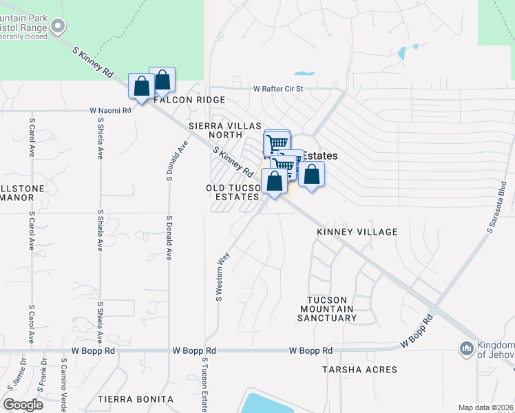 map of restaurants, bars, coffee shops, grocery stores, and more near 3100 South Kinney Road in Tucson