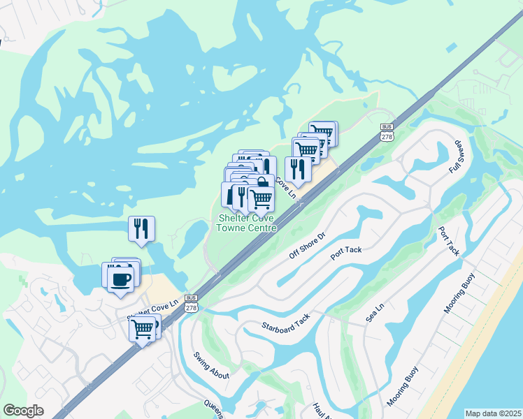 map of restaurants, bars, coffee shops, grocery stores, and more near 38 Shelter Cove Lane in Hilton Head Island