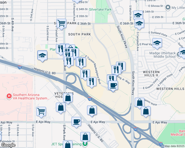 map of restaurants, bars, coffee shops, grocery stores, and more near 1260 East Tucson Marketplace Boulevard in Tucson