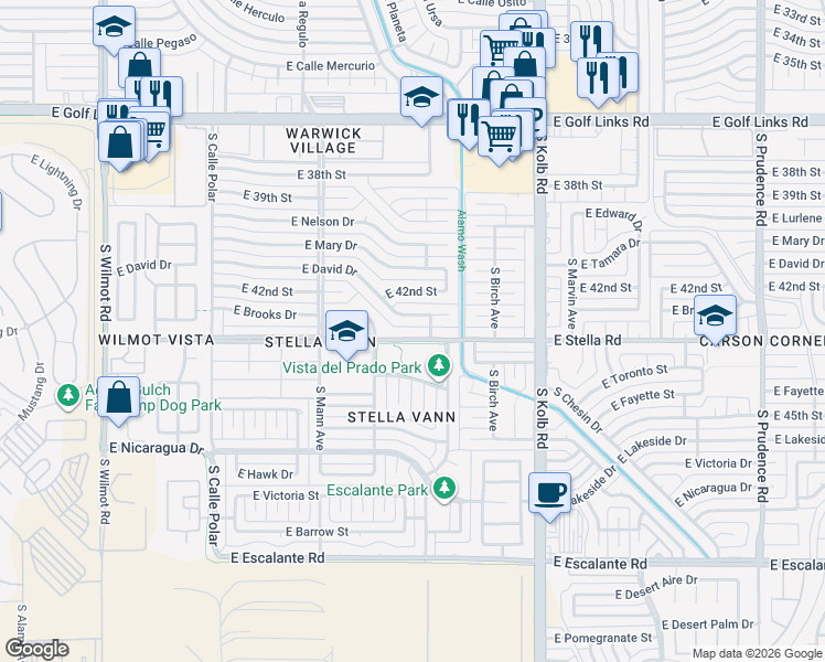 map of restaurants, bars, coffee shops, grocery stores, and more near 6861 East David Drive in Tucson