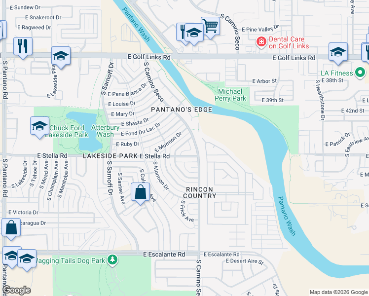 map of restaurants, bars, coffee shops, grocery stores, and more near 8638 East Stearn Lake Drive in Tucson
