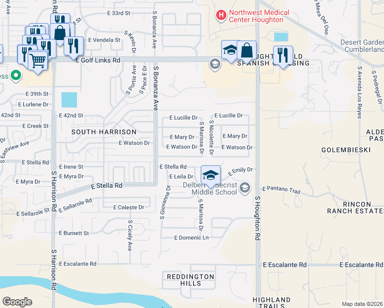 map of restaurants, bars, coffee shops, grocery stores, and more near 10050 East Watson Drive in Tucson
