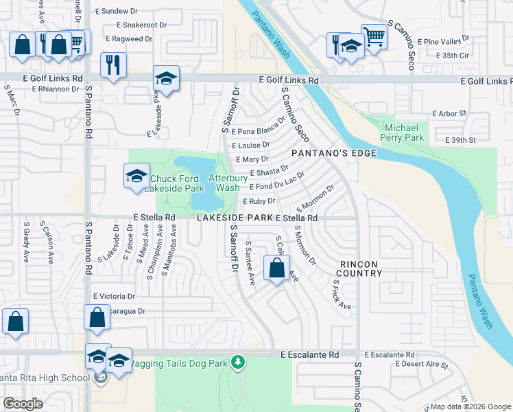 map of restaurants, bars, coffee shops, grocery stores, and more near 8331 East Ruby Drive in Tucson