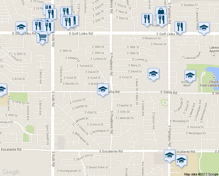 map of restaurants, bars, coffee shops, grocery stores, and more near 3130 South Prudence Road in Tucson