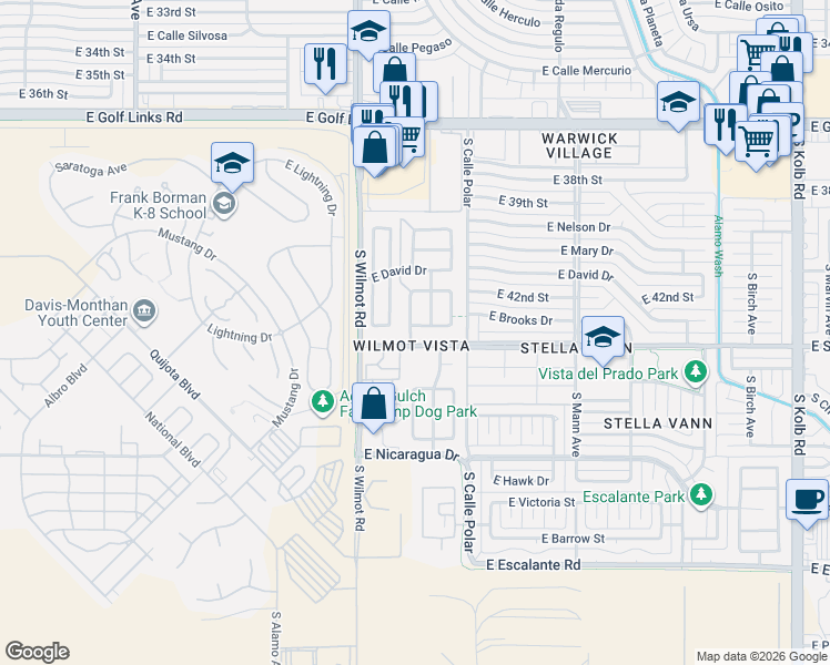 map of restaurants, bars, coffee shops, grocery stores, and more near 3138 South Vaughn Drive in Tucson
