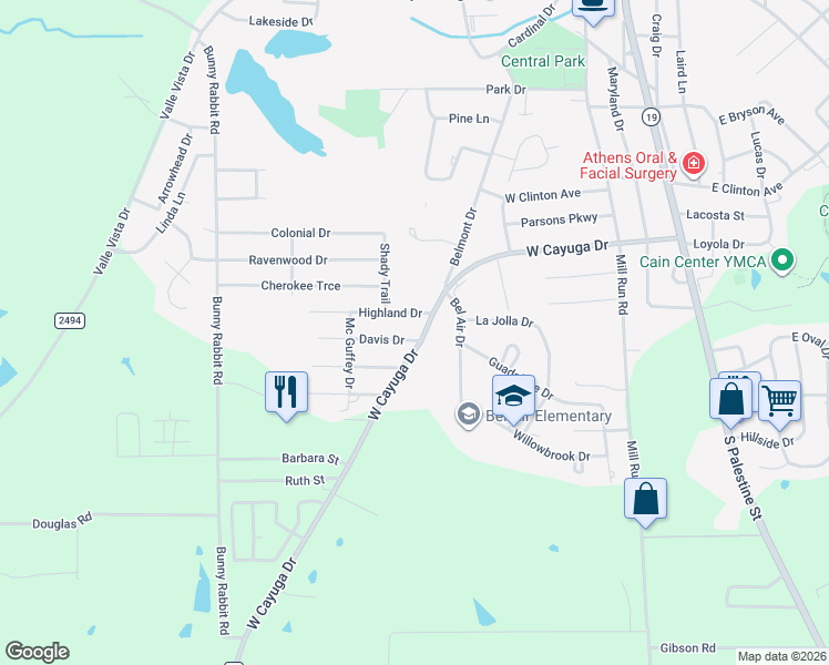 map of restaurants, bars, coffee shops, grocery stores, and more near 405 Highland Drive in Athens