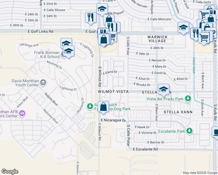 map of restaurants, bars, coffee shops, grocery stores, and more near 3138 South Vaughn Drive in Tucson