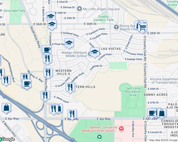 map of restaurants, bars, coffee shops, grocery stores, and more near 2330 East Hidalgo Vista in Tucson