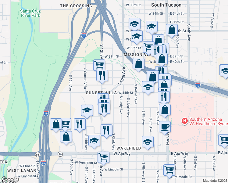 map of restaurants, bars, coffee shops, grocery stores, and more near in Tucson