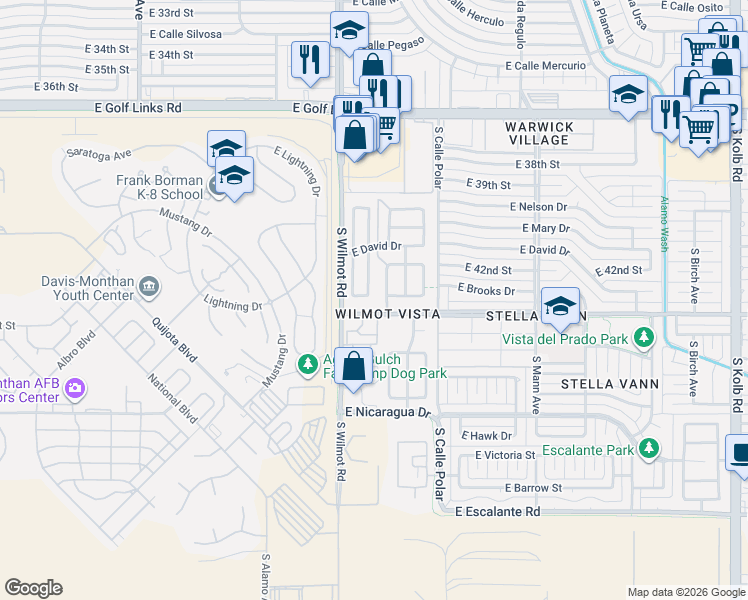 map of restaurants, bars, coffee shops, grocery stores, and more near 3138 South Vaughn Drive in Tucson