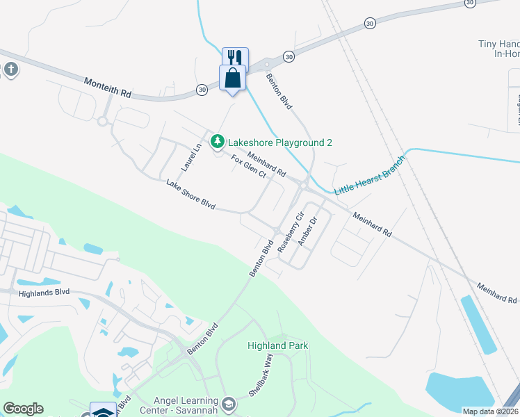 map of restaurants, bars, coffee shops, grocery stores, and more near 97 Lake Shore Boulevard in Savannah