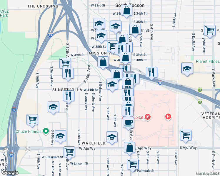 map of restaurants, bars, coffee shops, grocery stores, and more near 162 West 44th Street in Tucson
