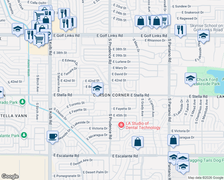 map of restaurants, bars, coffee shops, grocery stores, and more near 7502 East Tamara Place in Tucson