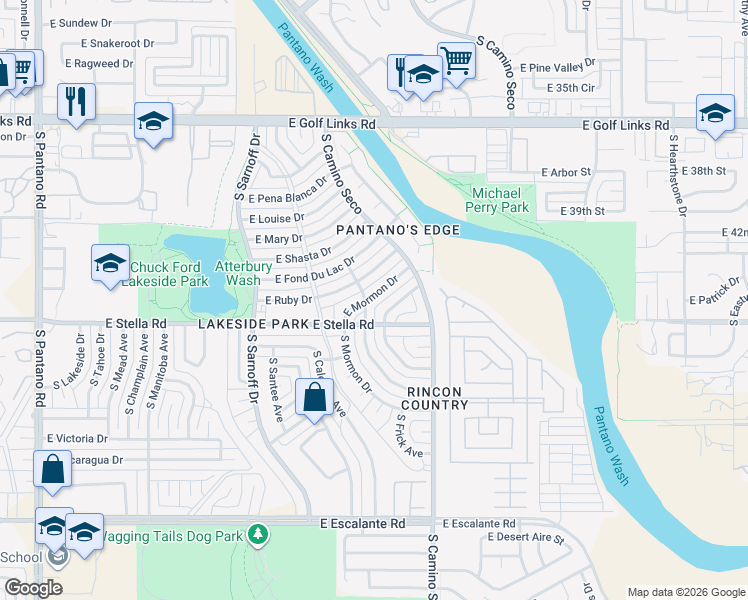 map of restaurants, bars, coffee shops, grocery stores, and more near 8566 East Mormon Drive in Tucson
