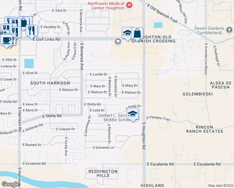 map of restaurants, bars, coffee shops, grocery stores, and more near 10118 East Watson Drive in Tucson