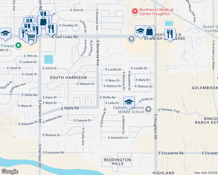 map of restaurants, bars, coffee shops, grocery stores, and more near 9980 East Watson Drive in Tucson