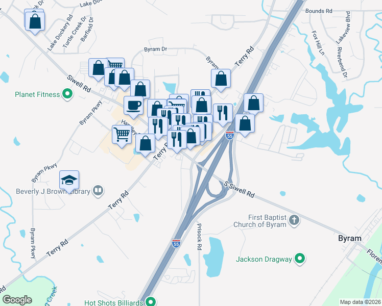 map of restaurants, bars, coffee shops, grocery stores, and more near 7442 Siwell Road in Jackson