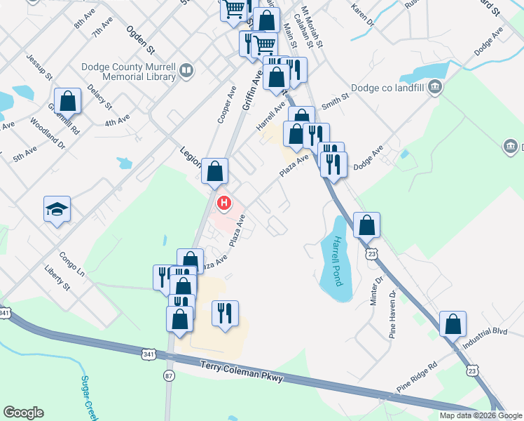 map of restaurants, bars, coffee shops, grocery stores, and more near 621 Plaza Avenue in Eastman
