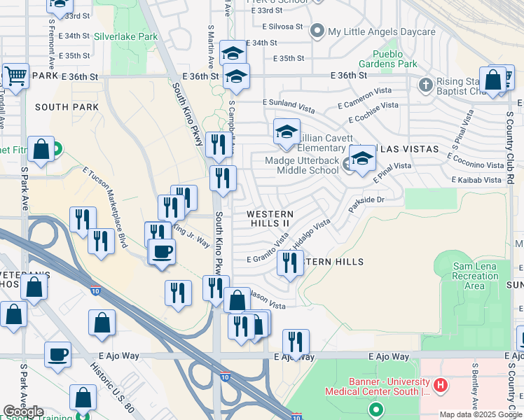 map of restaurants, bars, coffee shops, grocery stores, and more near 3302 South Naco Vista in Tucson