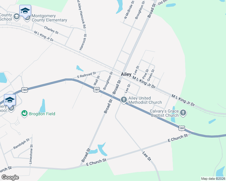 map of restaurants, bars, coffee shops, grocery stores, and more near 213 Broad Street in Ailey