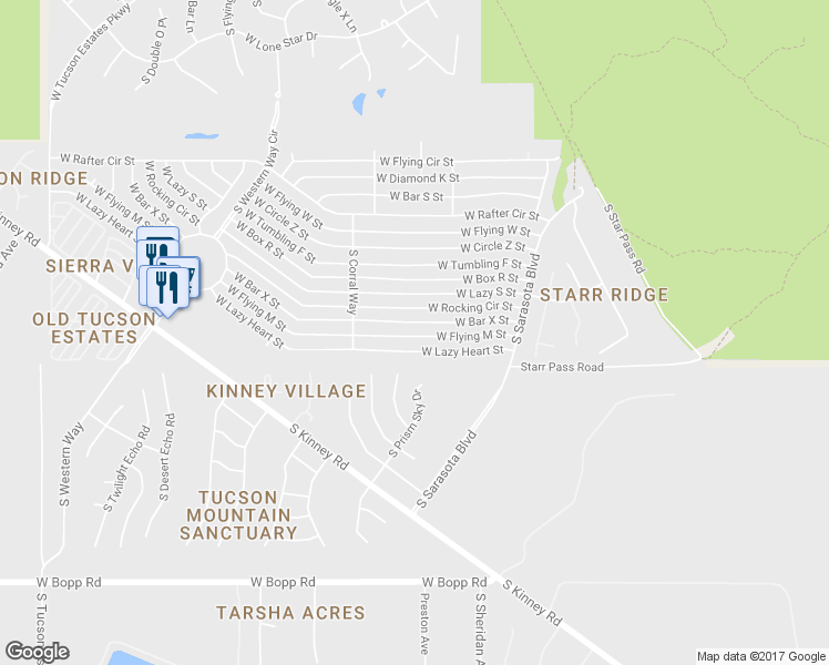 map of restaurants, bars, coffee shops, grocery stores, and more near 5516 West Flying M Street in Tucson