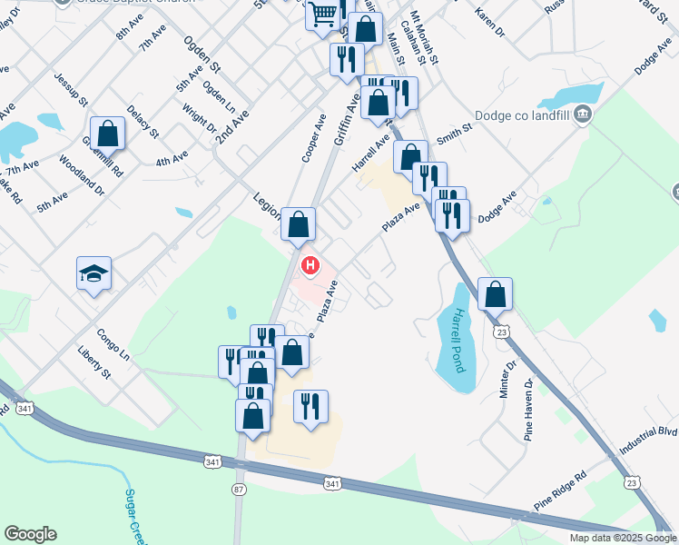 map of restaurants, bars, coffee shops, grocery stores, and more near 1100 Plaza Avenue in Eastman