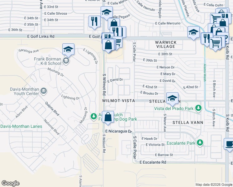 map of restaurants, bars, coffee shops, grocery stores, and more near 3138 South Vaughn Drive in Tucson