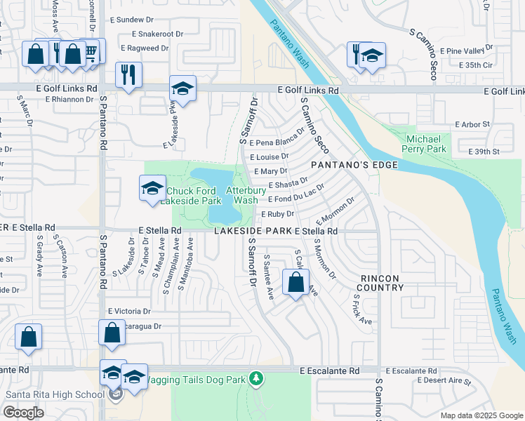 map of restaurants, bars, coffee shops, grocery stores, and more near 8331 East Ruby Drive in Tucson