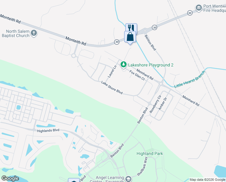 map of restaurants, bars, coffee shops, grocery stores, and more near 59 Lake Shore Boulevard in Savannah